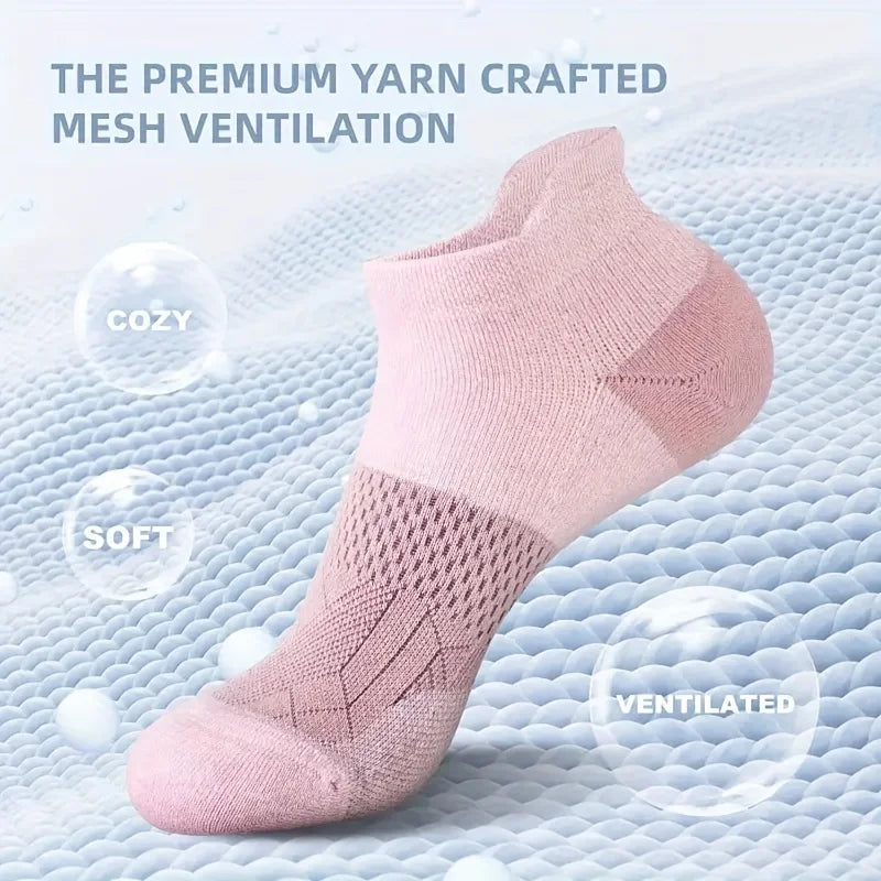Pink mesh ventilation ankle socks shown on a white surface with text highlighting cozy, soft, and ventilated features.