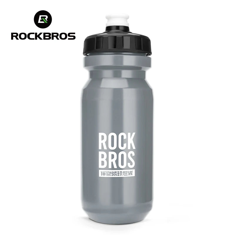 A gray sports water bottle with a black cap and the ROCKBROS logo printed on it.