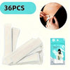 A pack of 36 pieces of clear, double-sided fashion adhesive tape is shown with a close-up of its application on skin.