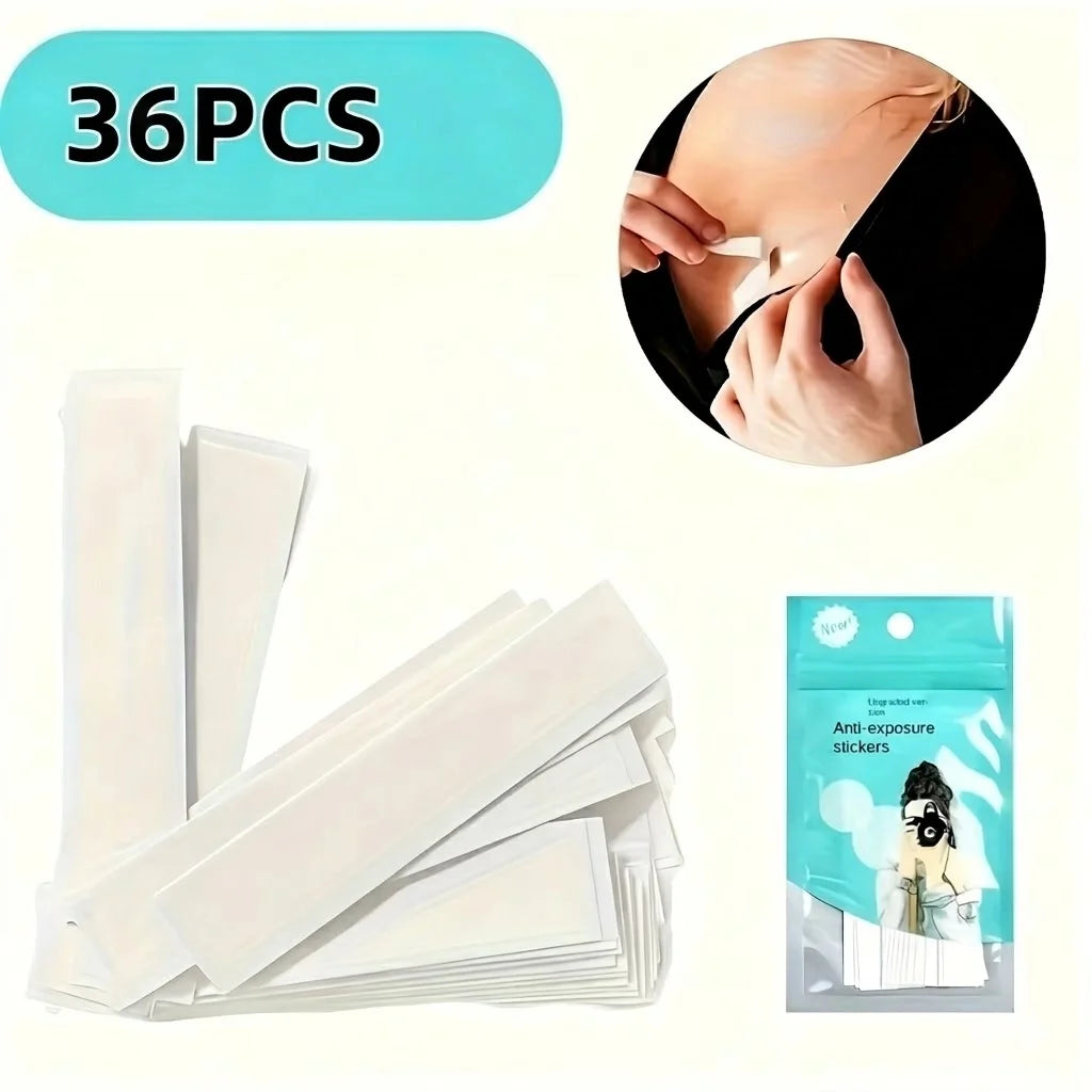 A pack of 36 pieces of clear, double-sided fashion adhesive tape is shown with a close-up of its application on skin.