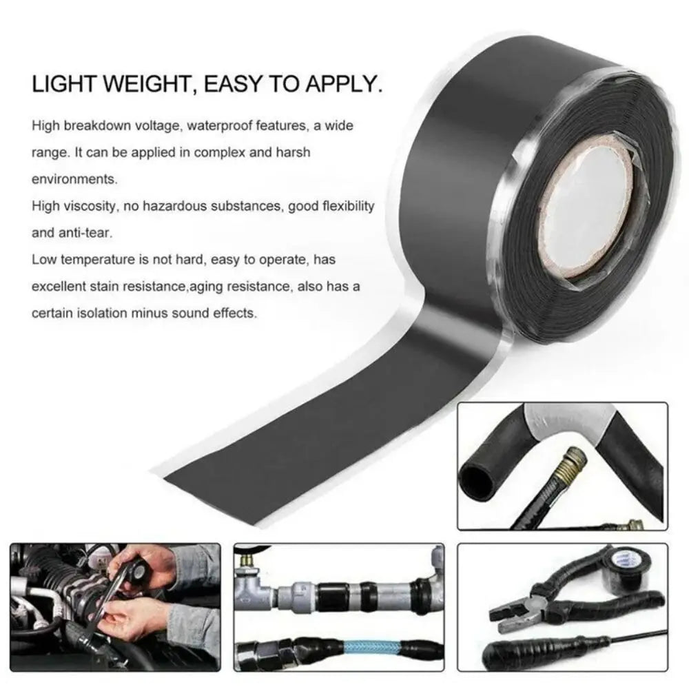Roll of black heavy duty self-fusing silicone repair tape with various applications shown.