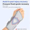 A hand is wearing a gray pressure-fixed brace designed for post-injury recovery and sprain treatment.