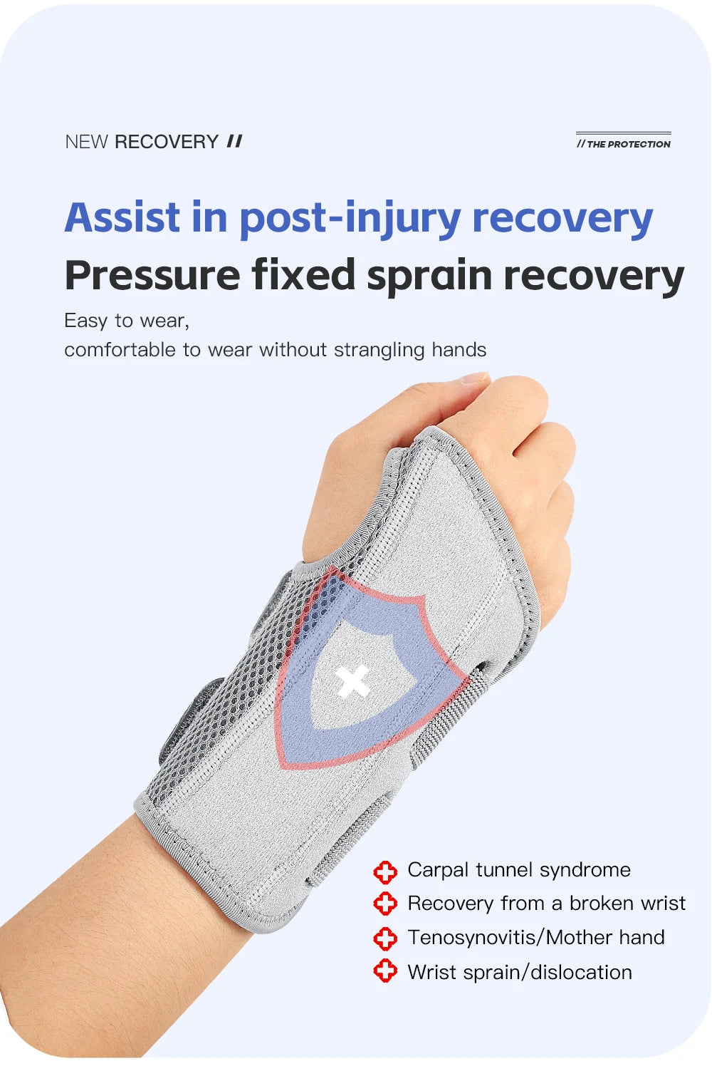 A hand is wearing a gray pressure-fixed brace designed for post-injury recovery and sprain treatment.