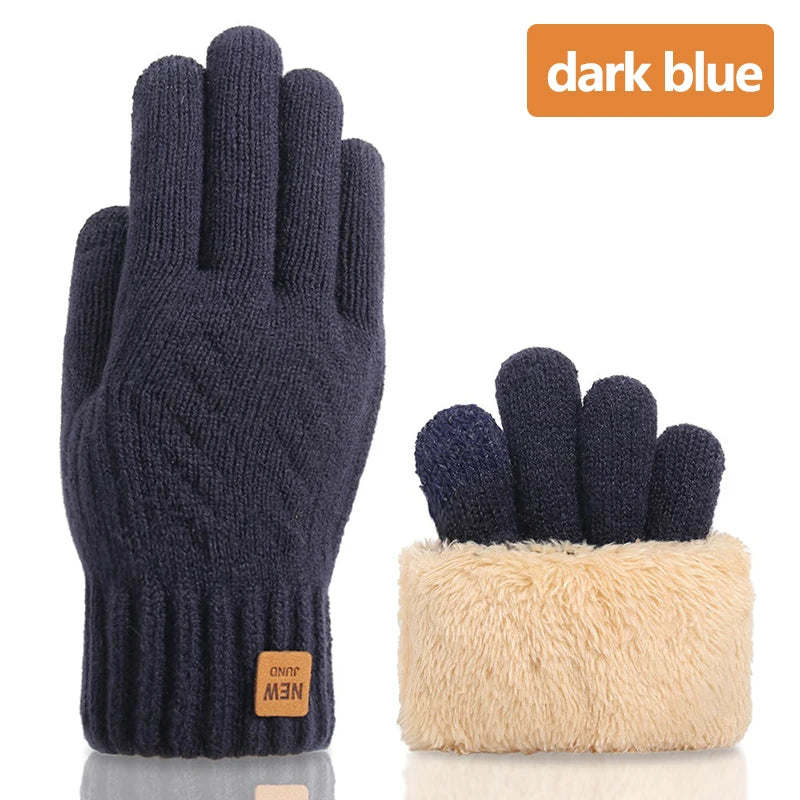 A pair of dark blue women's thermal touchscreen knit gloves with a light beige faux fur cuff.