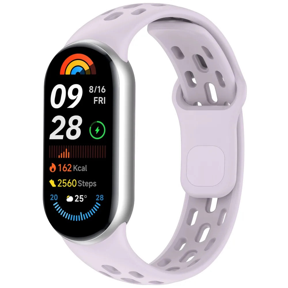 A white silicone smart watch band replacement with a black digital display showing 09:28 and 162 Kcal.