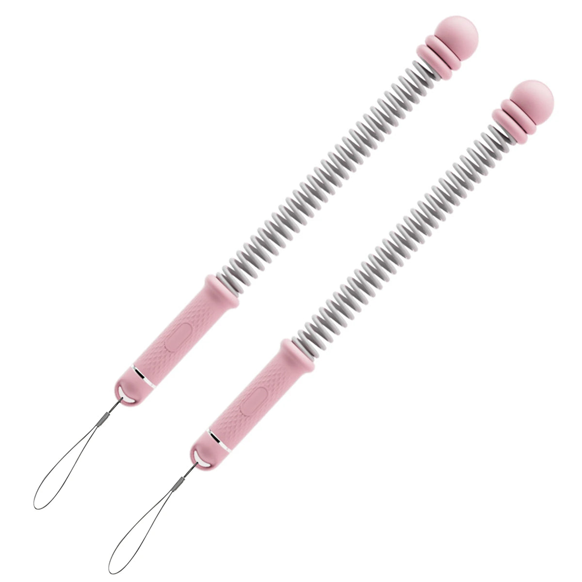 A pair of pink adjustable ropeless battle ropes for home fitness exercise.