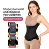 A woman models a black invisible waist trainer corset designed to shape and compress the abdomen.