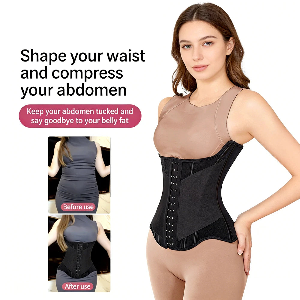 A woman models a black invisible waist trainer corset designed to shape and compress the abdomen.