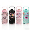Four colorful insulated water bottle covers with adjustable straps in pink, black, and teal.