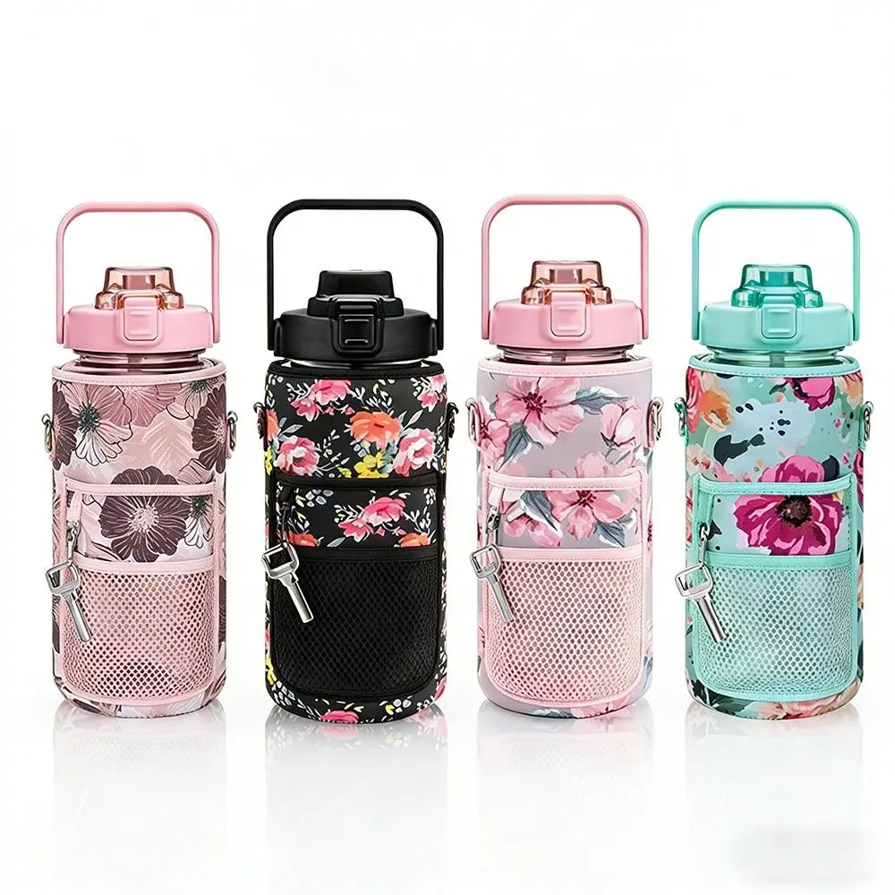 Four colorful insulated water bottle covers with adjustable straps in pink, black, and teal.