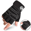 Black half finger wrist guards for sports and fitness shown on a hand.