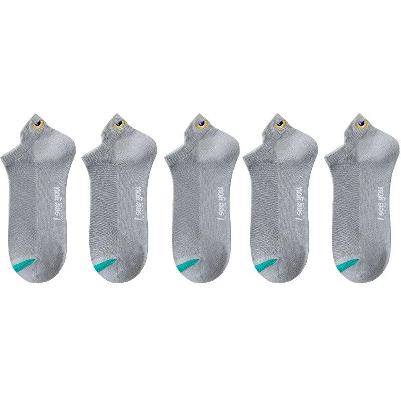 A set of five gray men's breathable ankle boat socks displayed side by side.