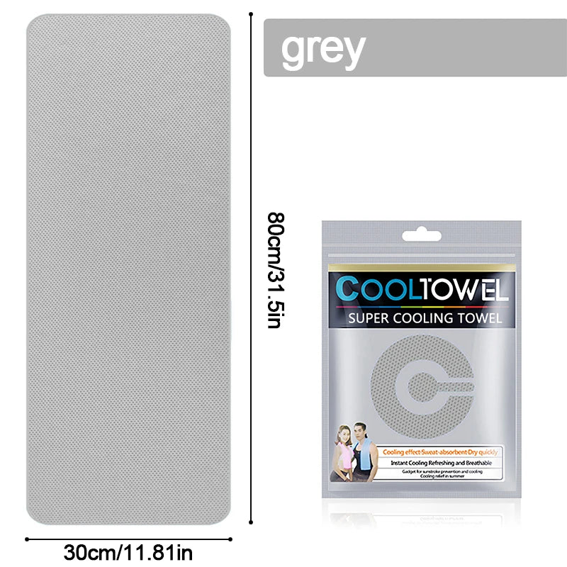 Un paquet gris de serviette super rafraîchissante avec un design circulaire montré à côté de ses dimensions.