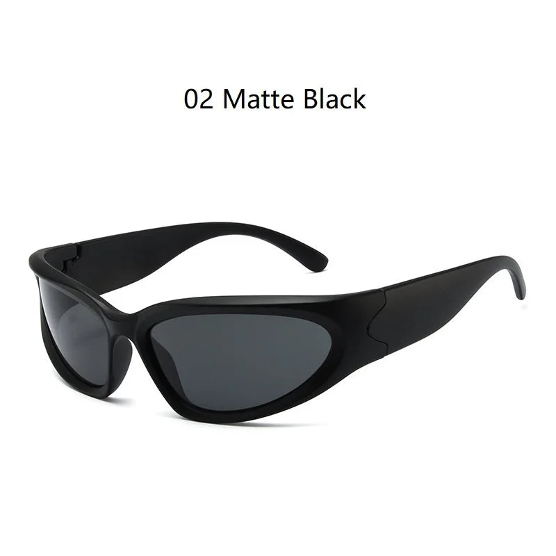 Matte black Y2K retro sports sunglasses shown in a product photo.