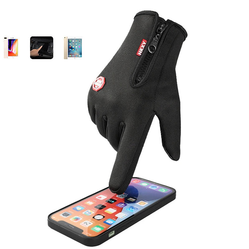 A black touchscreen glove is shown resting on a smartphone screen.