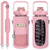 A pink protective water bottle sleeve with a built-in phone holder and carrying strap.