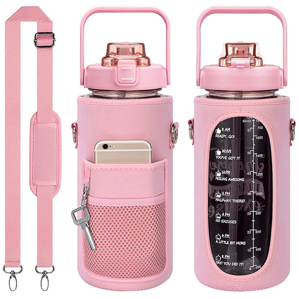 A pink protective water bottle sleeve with a built-in phone holder and carrying strap.