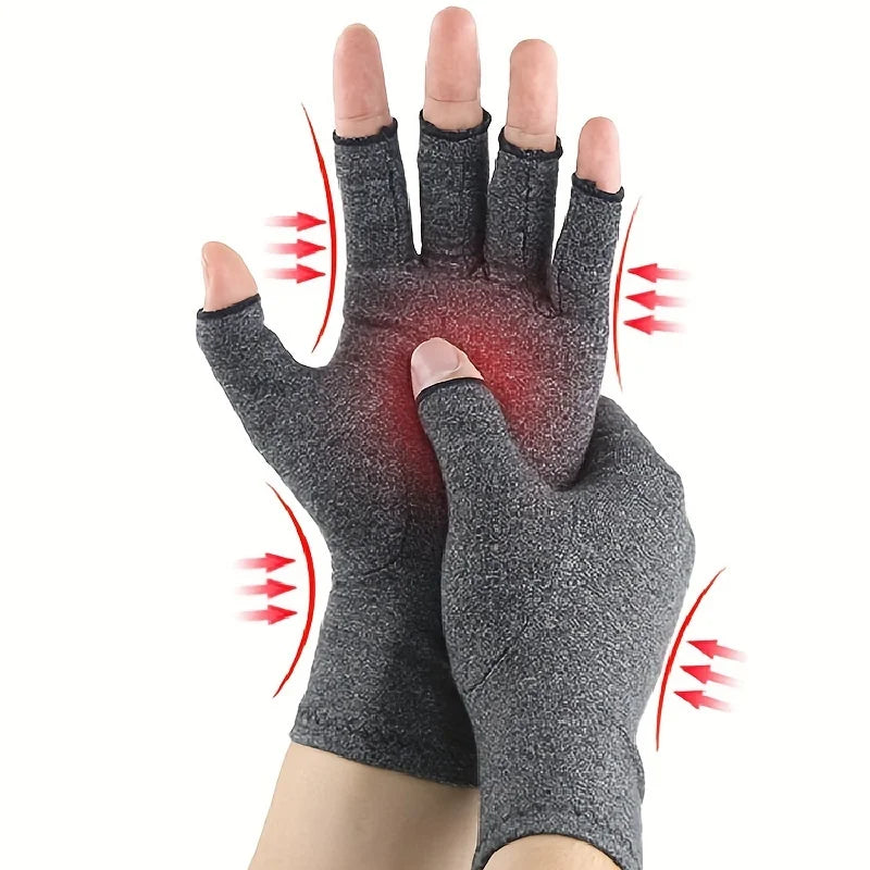 A hand wearing fingerless breathable gloves, showing red marks indicating pressure points for outdoor and typing use.