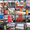 Various views of a 4-sided elastic arm sleeve for UV protection being manufactured and inspected.