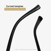 A close-up view of a black curved temple for sunglasses.