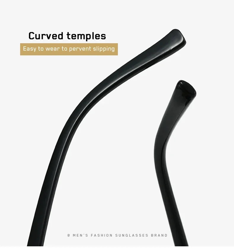 A close-up view of a black curved temple for sunglasses.