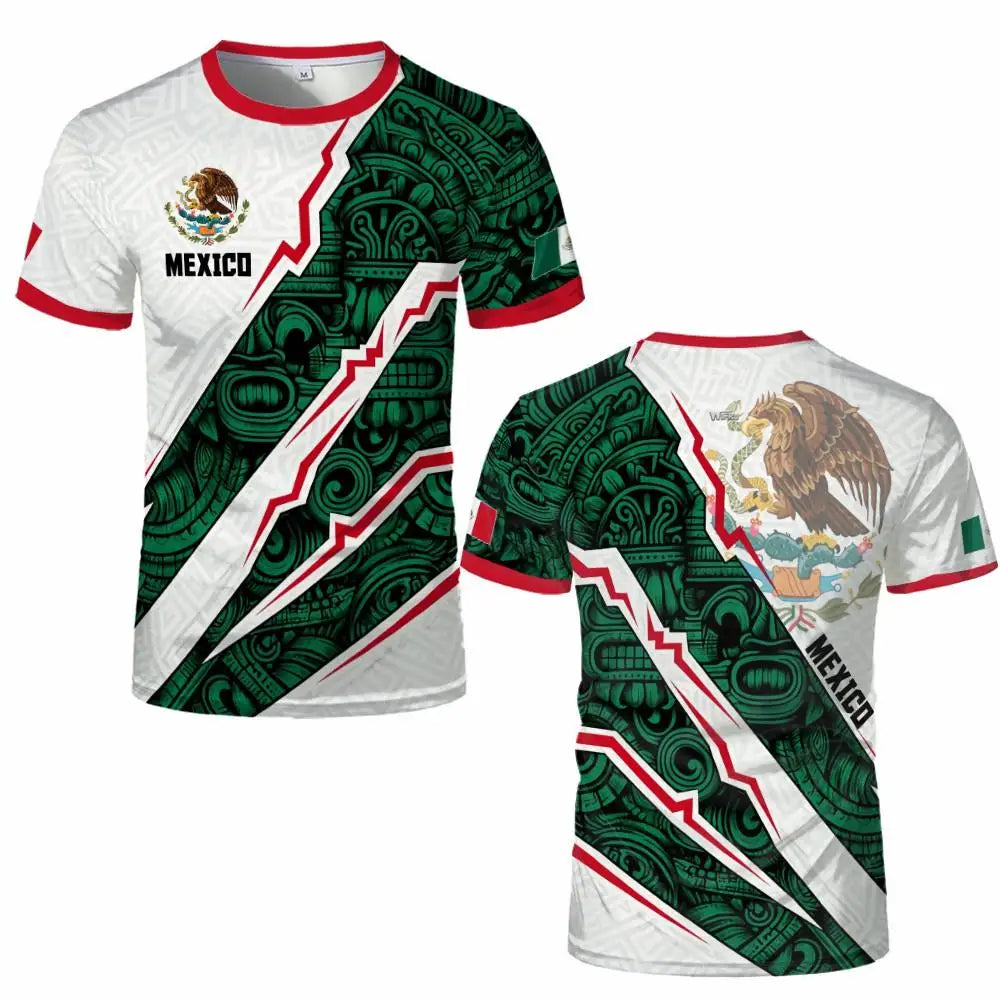 A white and green graphic men's t-shirt featuring the Mexican flag design and an eagle motif.