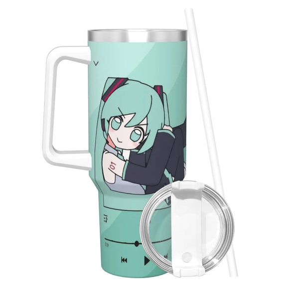 A light green stainless steel thermal tumbler mug featuring an anime-style character design.