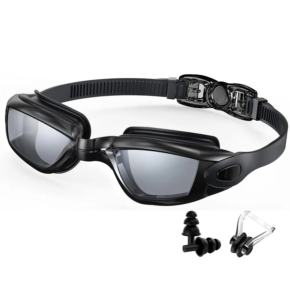 Black professional anti-fog swimming goggles with a adjustable strap and silicone nose piece.