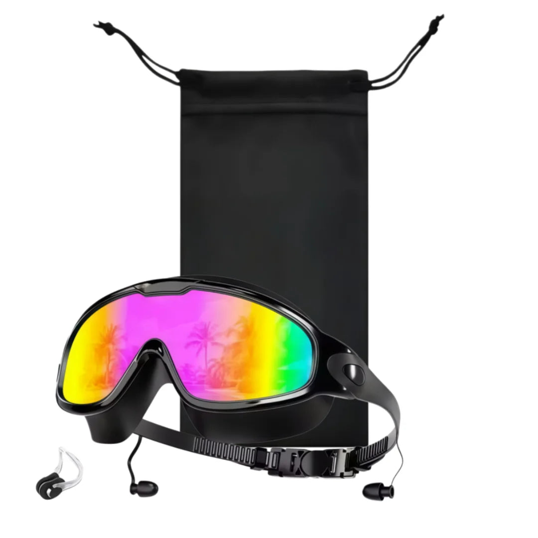A pair of black anti-fog UV swim goggles with a vibrant multi-colored lens resting on a black fabric pouch.