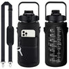 Black protective water bottle sleeve with a built-in phone holder and carrying loop.