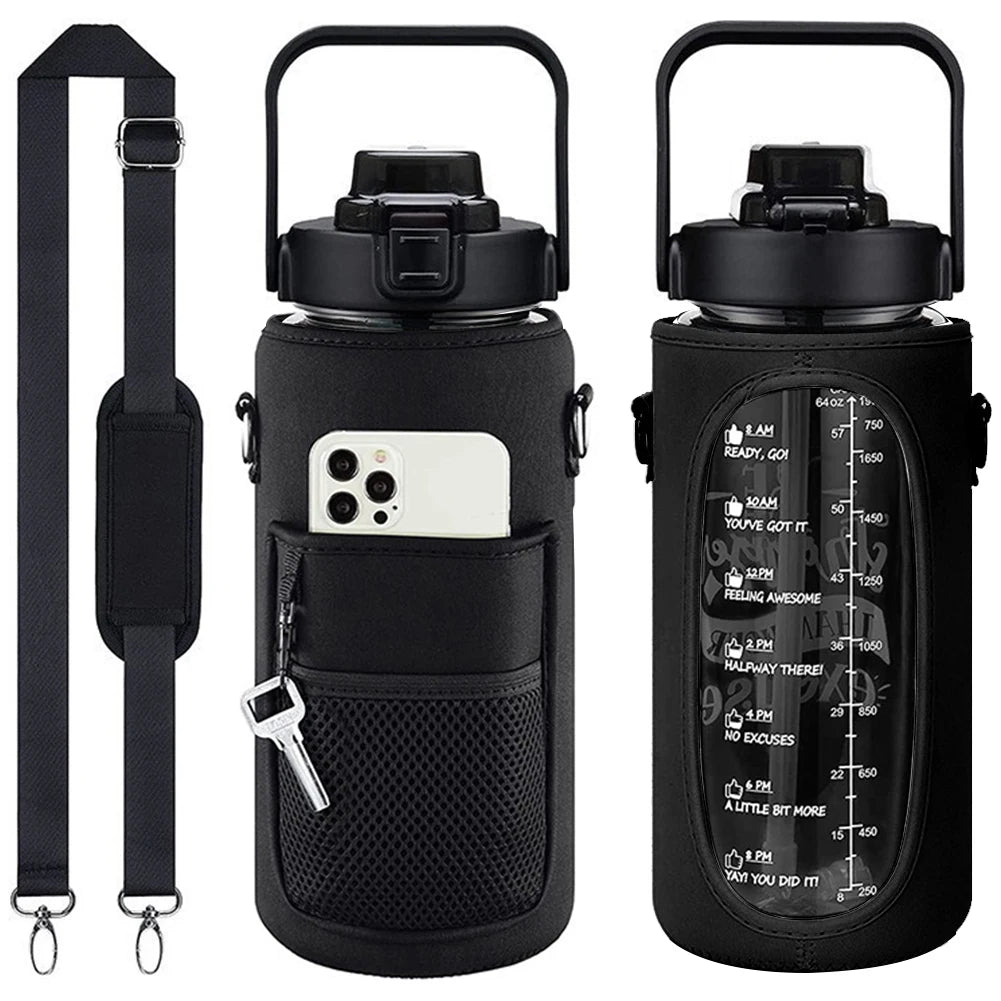 Black protective water bottle sleeve with a built-in phone holder and carrying loop.