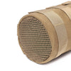 Tan tactical MOLLE water bottle pouch with a mesh opening and strap