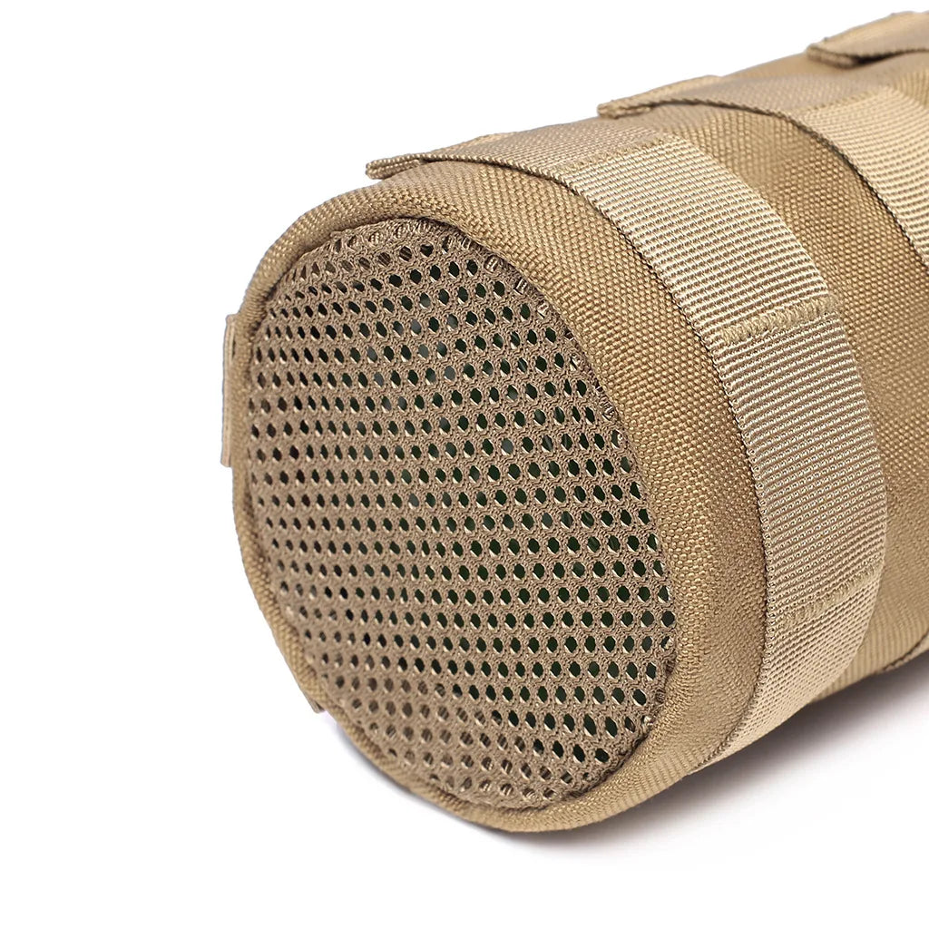 Tan tactical MOLLE water bottle pouch with a mesh opening and strap