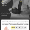 A hand wearing a black weightlifting grip is shown on an arm, with size options displayed below.