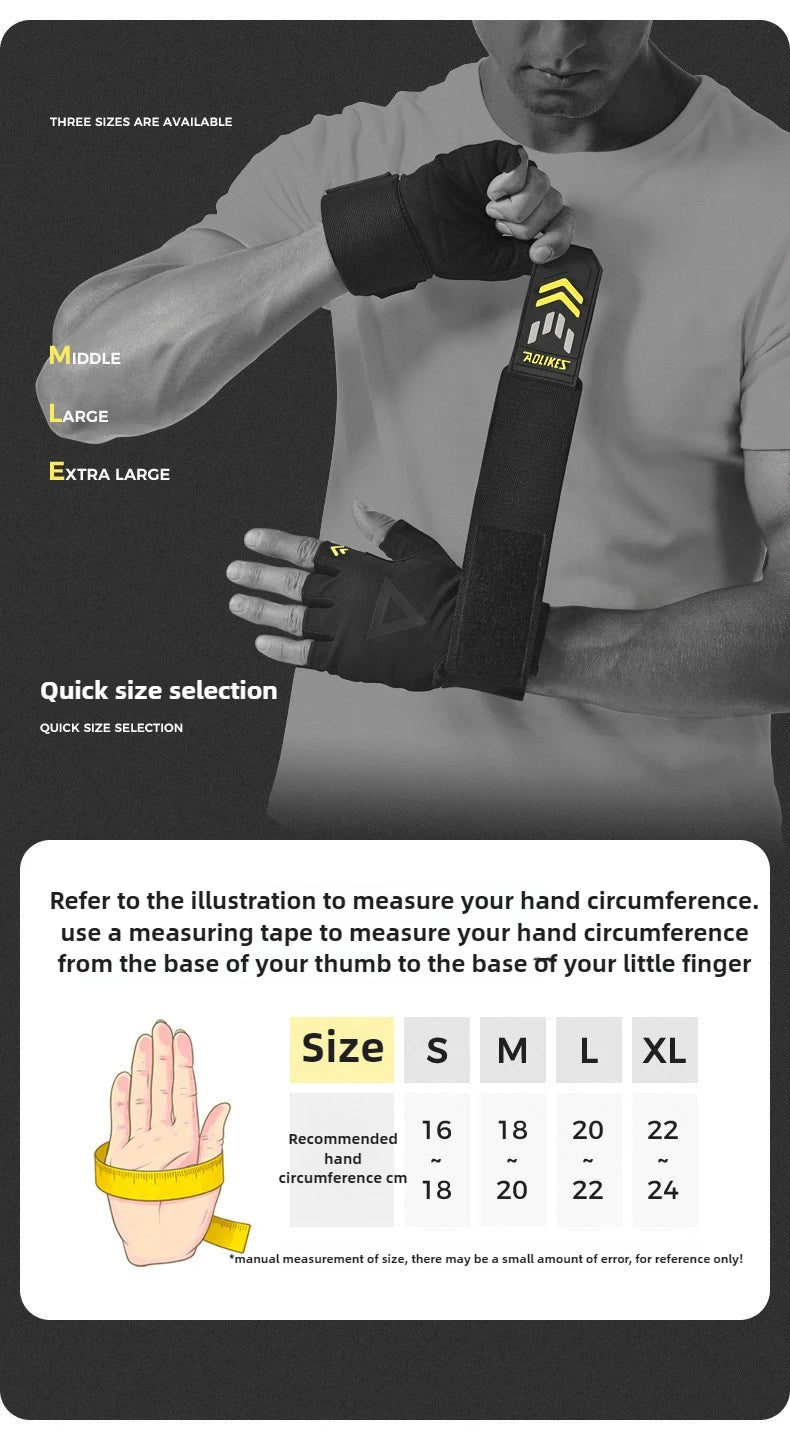 A hand wearing a black weightlifting grip is shown on an arm, with size options displayed below.