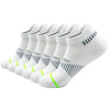 A row of white crew socks for men with black stripes and lime green accents.