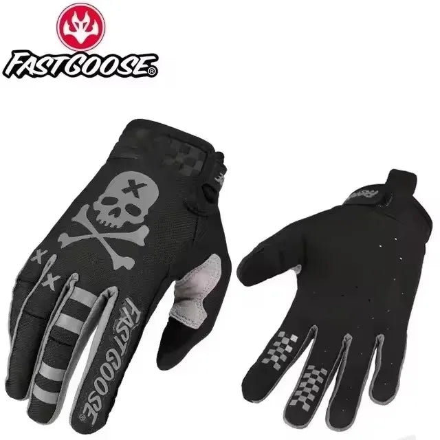 Black full-finger cycling gloves for fast goose brand with a skull and crossbones logo