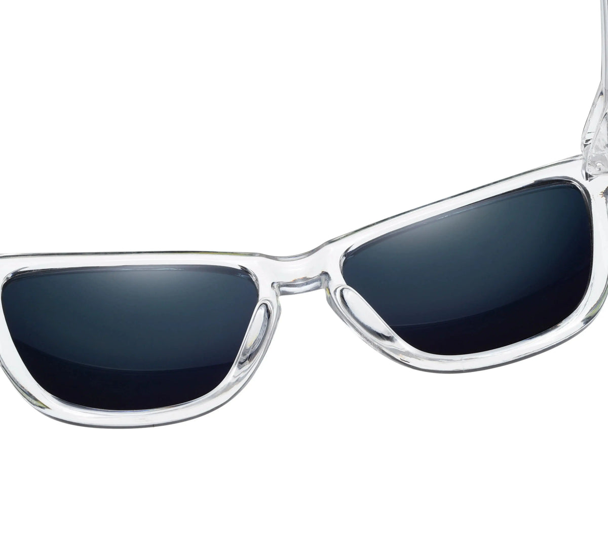 A pair of gradient mirrored sunglasses with clear frames and dark lenses.
