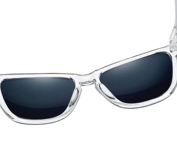 A pair of gradient mirrored sunglasses with clear frames and dark lenses.