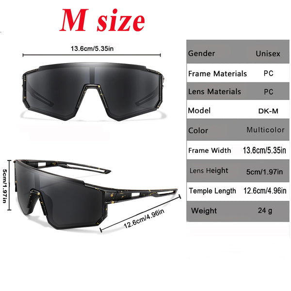 Eine schwarze Sportbrille mit mehrfarbigem Muster, vorne und seitlich dargestellt.