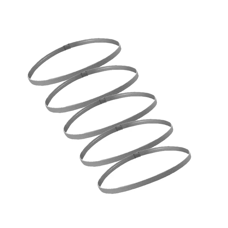 A set of five gray multi-functional elastic sports headbands coiled in a circular pattern.