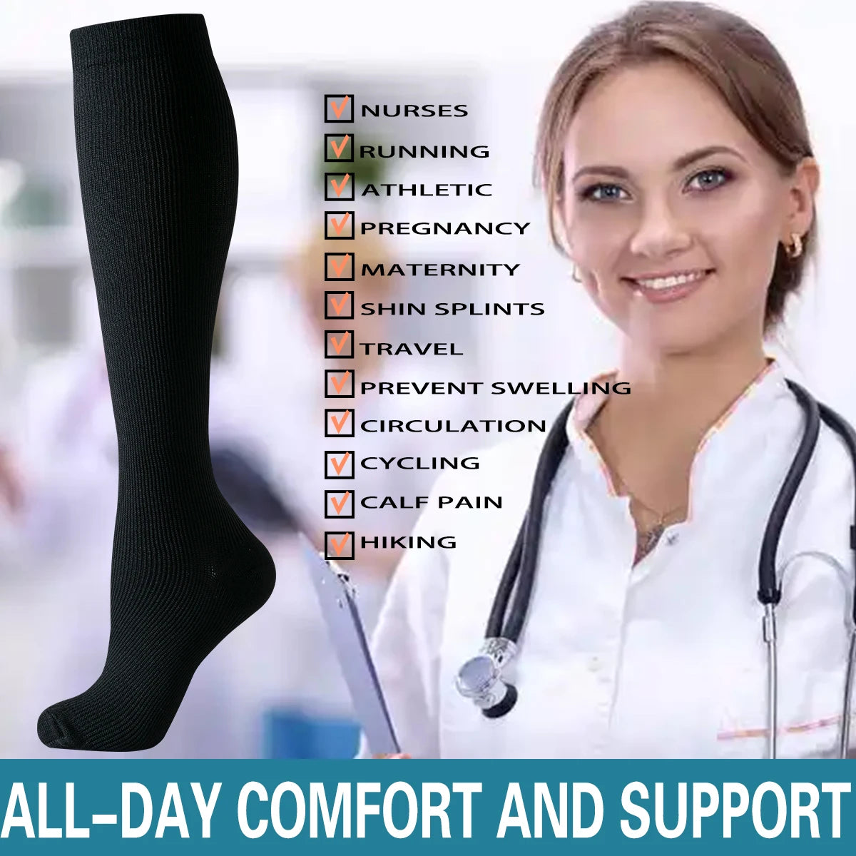 A woman wearing black nurse compression socks smiling in a medical context.