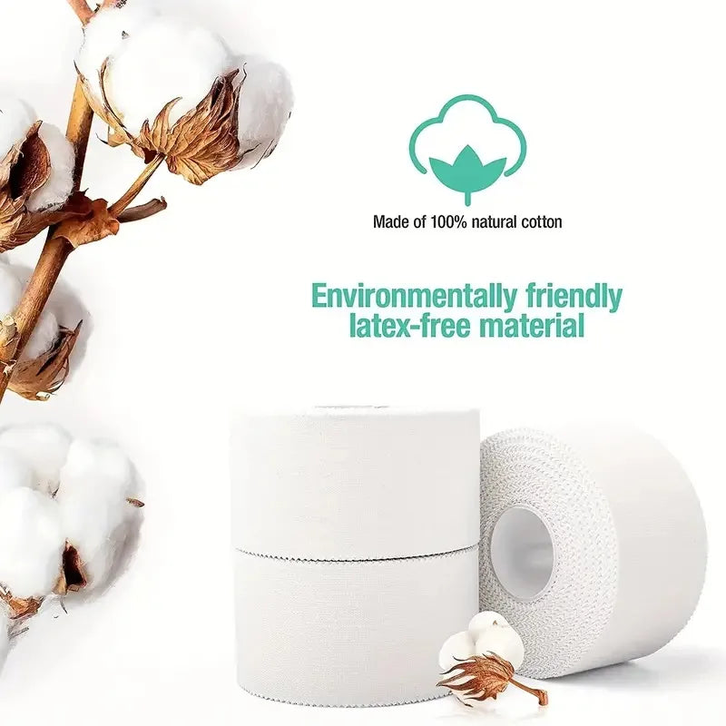 Roll of white athletic training tape with a natural cotton leaf icon and text indicating it is latex-free.