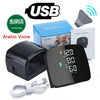 A digital wrist blood pressure monitor device, its box, instructions, and accompanying cable are shown.