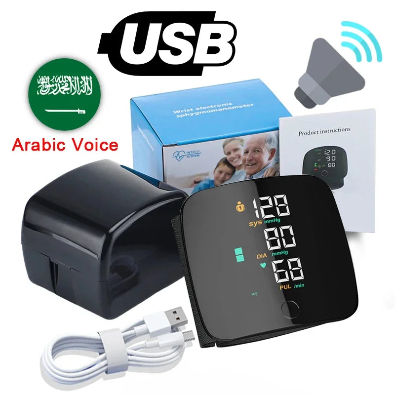 A digital wrist blood pressure monitor device, its box, instructions, and accompanying cable are shown.