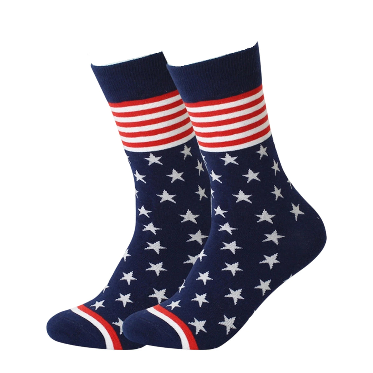 Navy blue socks featuring a red and white striped flag pattern and a star design