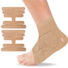 A foot wearing pre-cut kinesiology support tape for muscle and joint rehabilitation.
