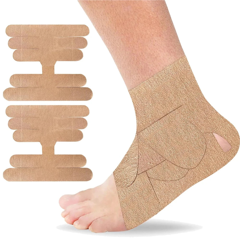 A foot wearing pre-cut kinesiology support tape for muscle and joint rehabilitation.