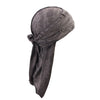 A dark gray distressed pirate style durag head wrap folded and draped.
