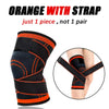 Orange sports knee pad with strap, shown in a full view and close-up of application.